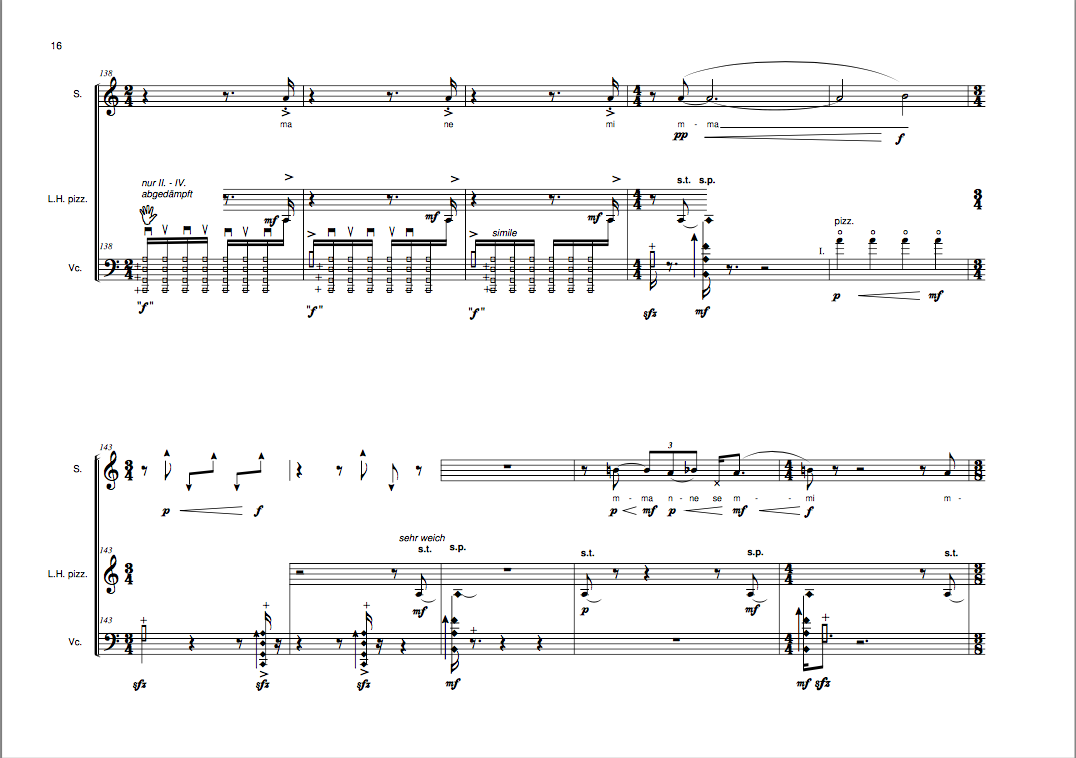 Ausschnitt aus der Partitur von "hin und weg" für Sopran und Cello von Brigitta Muntendorf